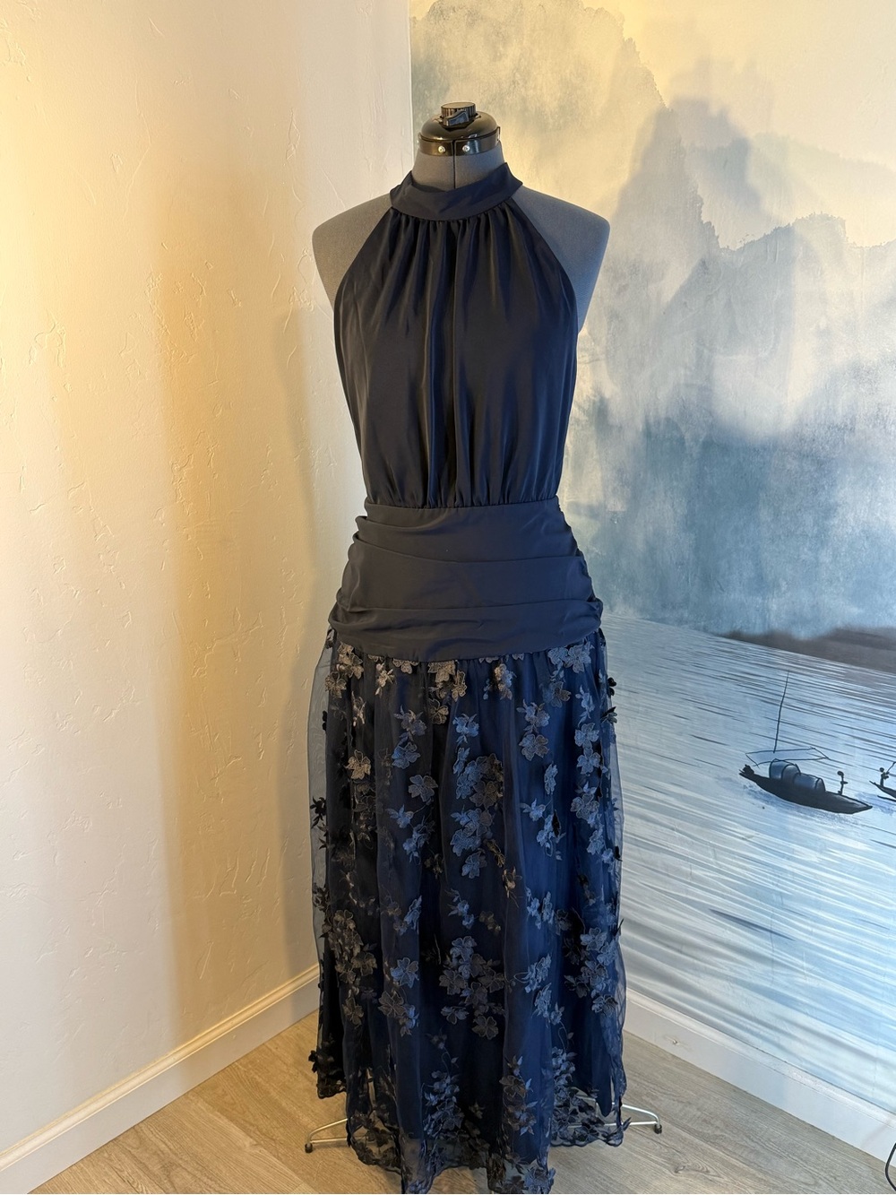 Navy Halter Maxi Skirt with Floral Overlay #429